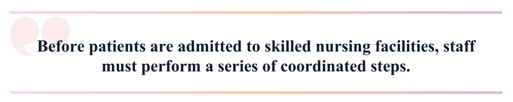 Before patients are admitted to skilled nursing facilities, staff must perform a series of coordinated steps.